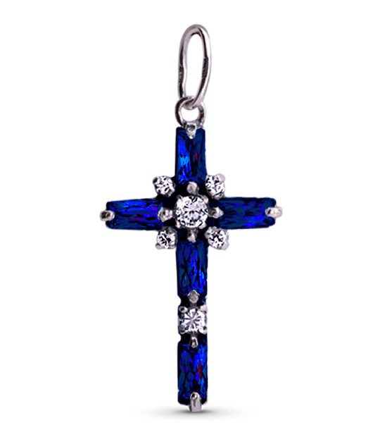 Strieborný prívesok so zirkónmi – Krížik žiara 39052 tmavo-modrý